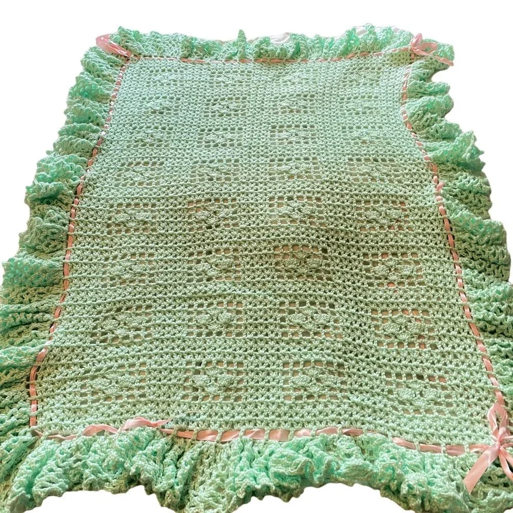 Handmade crochet baby crib blanket mint green‎ pink satin ribbon